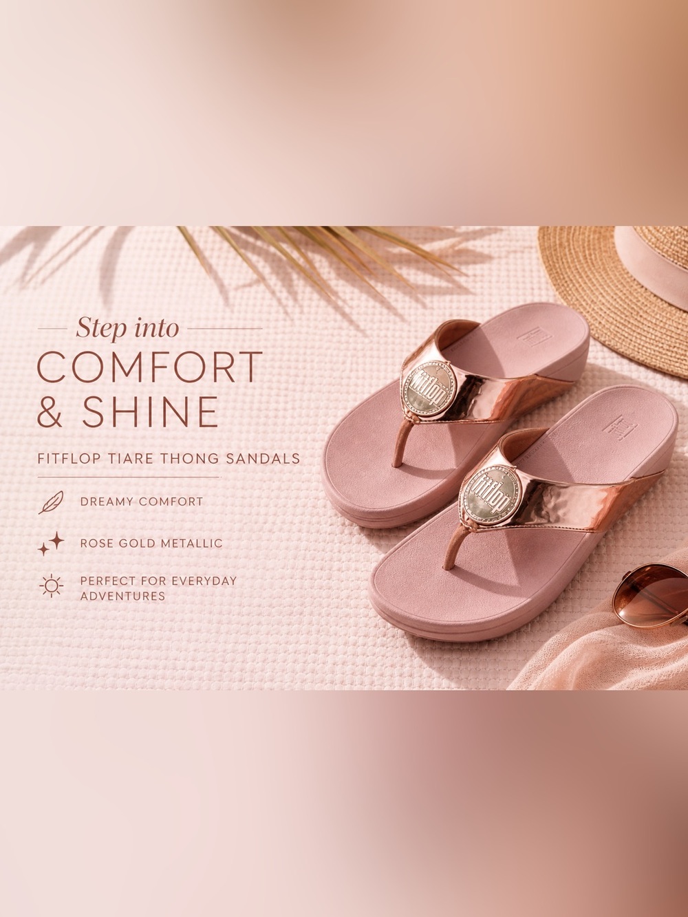 FitFlop Tiare Thong Sandals Rose Gold Metallic Comfort US 8 EU 41